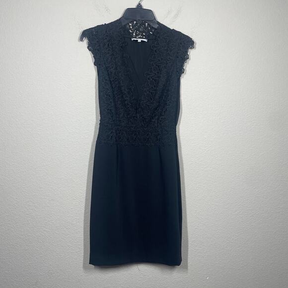 Reiss Womens 2 Lace Trim Pencil Midi Dress Black V-Neck Back Slit Sleeveless - Picture 1 of 10